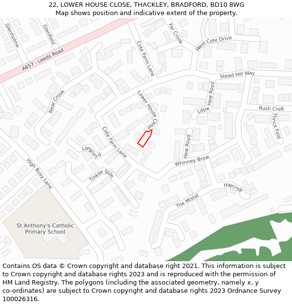 22, LOWER HOUSE CLOSE, THACKLEY, BRADFORD, BD10 8WG: Location map and indicative extent of plot