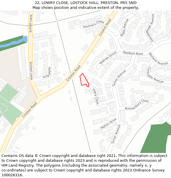 22, LOWRY CLOSE, LOSTOCK HALL, PRESTON, PR5 5ND: Location map and indicative extent of plot