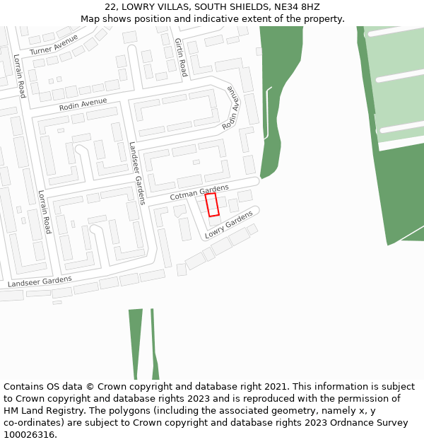 22, LOWRY VILLAS, SOUTH SHIELDS, NE34 8HZ: Location map and indicative extent of plot
