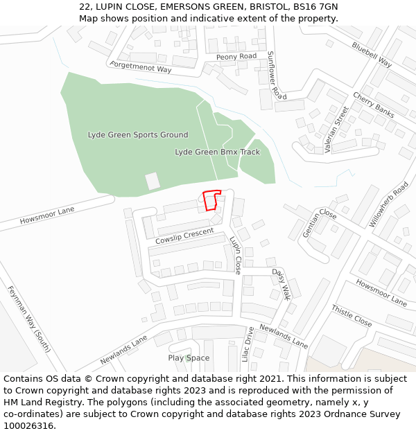 22, LUPIN CLOSE, EMERSONS GREEN, BRISTOL, BS16 7GN: Location map and indicative extent of plot