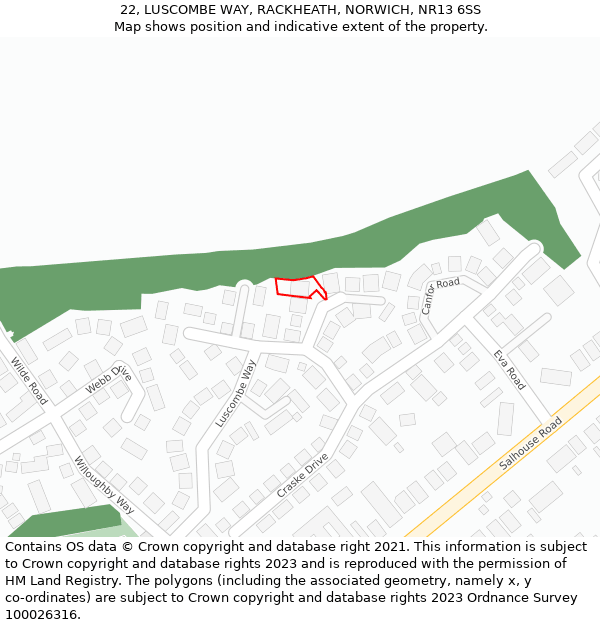 22, LUSCOMBE WAY, RACKHEATH, NORWICH, NR13 6SS: Location map and indicative extent of plot