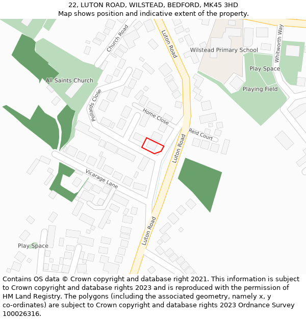 22, LUTON ROAD, WILSTEAD, BEDFORD, MK45 3HD: Location map and indicative extent of plot