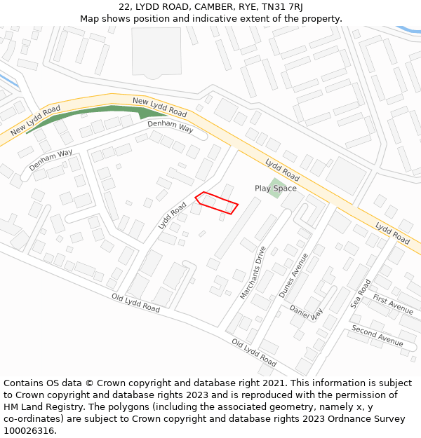 22, LYDD ROAD, CAMBER, RYE, TN31 7RJ: Location map and indicative extent of plot