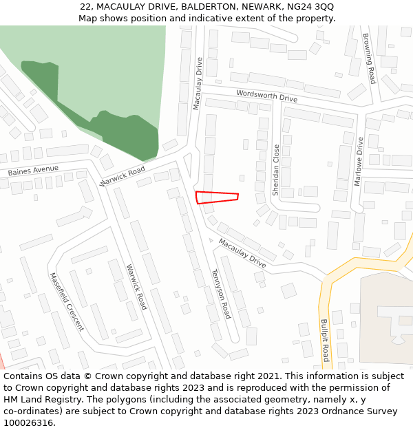 22, MACAULAY DRIVE, BALDERTON, NEWARK, NG24 3QQ: Location map and indicative extent of plot