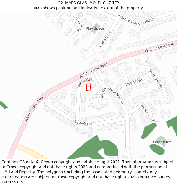 22, MAES GLAS, MOLD, CH7 1FP: Location map and indicative extent of plot