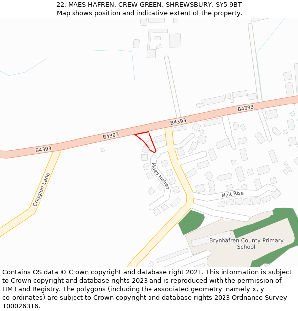 22, MAES HAFREN, CREW GREEN, SHREWSBURY, SY5 9BT: Location map and indicative extent of plot