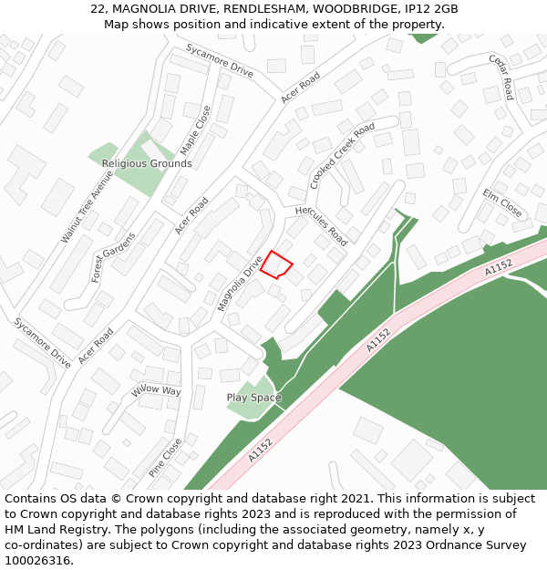 22, MAGNOLIA DRIVE, RENDLESHAM, WOODBRIDGE, IP12 2GB: Location map and indicative extent of plot