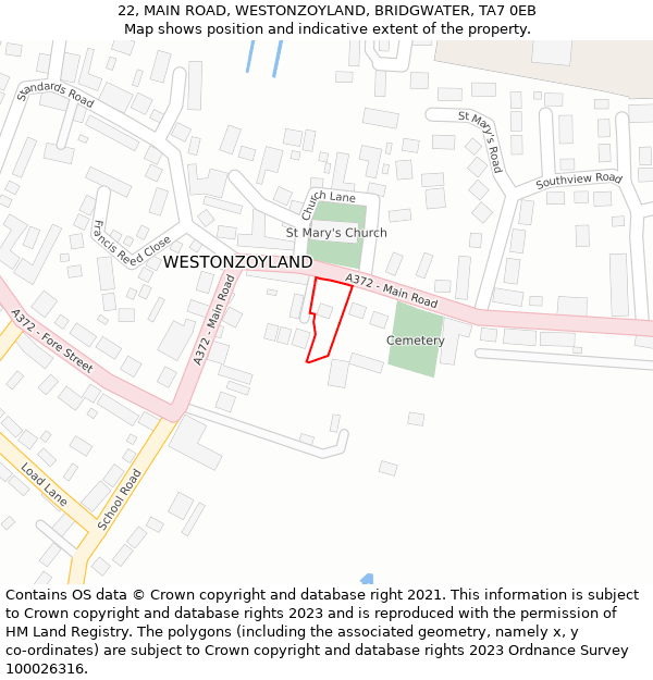 22, MAIN ROAD, WESTONZOYLAND, BRIDGWATER, TA7 0EB: Location map and indicative extent of plot