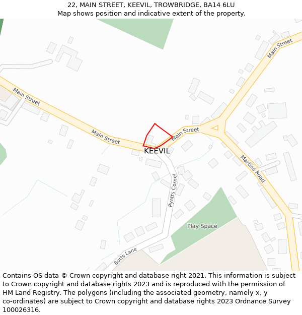 22, MAIN STREET, KEEVIL, TROWBRIDGE, BA14 6LU: Location map and indicative extent of plot