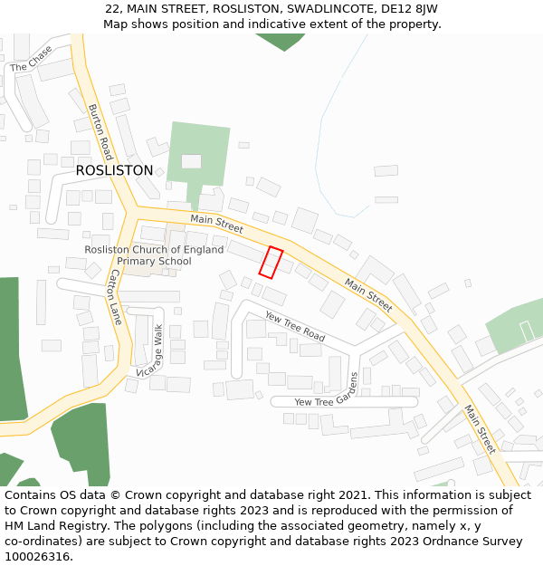 22, MAIN STREET, ROSLISTON, SWADLINCOTE, DE12 8JW: Location map and indicative extent of plot