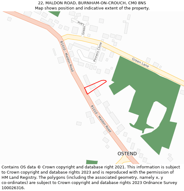 22, MALDON ROAD, BURNHAM-ON-CROUCH, CM0 8NS: Location map and indicative extent of plot