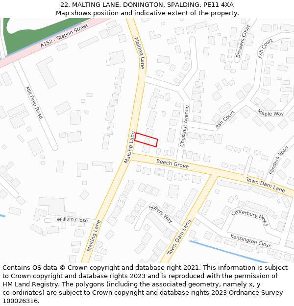 22, MALTING LANE, DONINGTON, SPALDING, PE11 4XA: Location map and indicative extent of plot