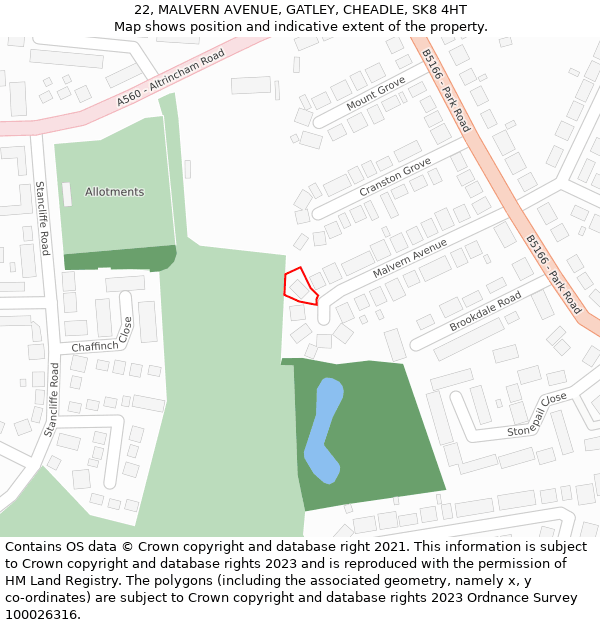 22, MALVERN AVENUE, GATLEY, CHEADLE, SK8 4HT: Location map and indicative extent of plot