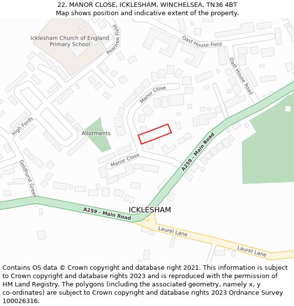 22, MANOR CLOSE, ICKLESHAM, WINCHELSEA, TN36 4BT: Location map and indicative extent of plot