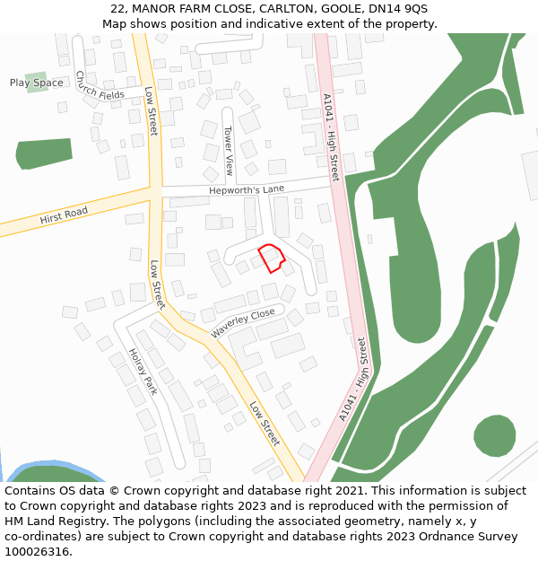 22, MANOR FARM CLOSE, CARLTON, GOOLE, DN14 9QS: Location map and indicative extent of plot