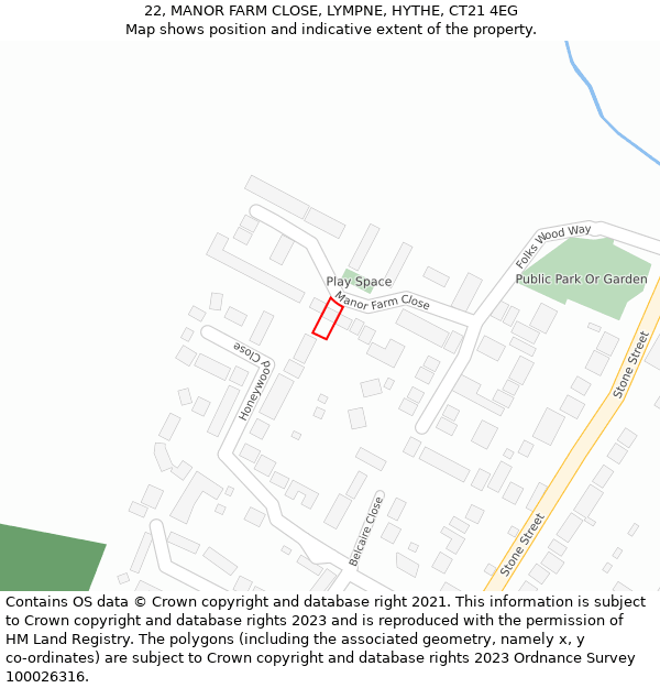 22, MANOR FARM CLOSE, LYMPNE, HYTHE, CT21 4EG: Location map and indicative extent of plot