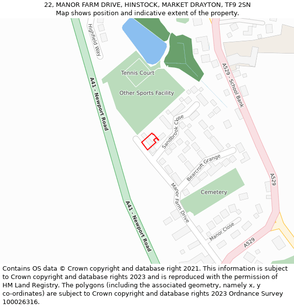 22, MANOR FARM DRIVE, HINSTOCK, MARKET DRAYTON, TF9 2SN: Location map and indicative extent of plot