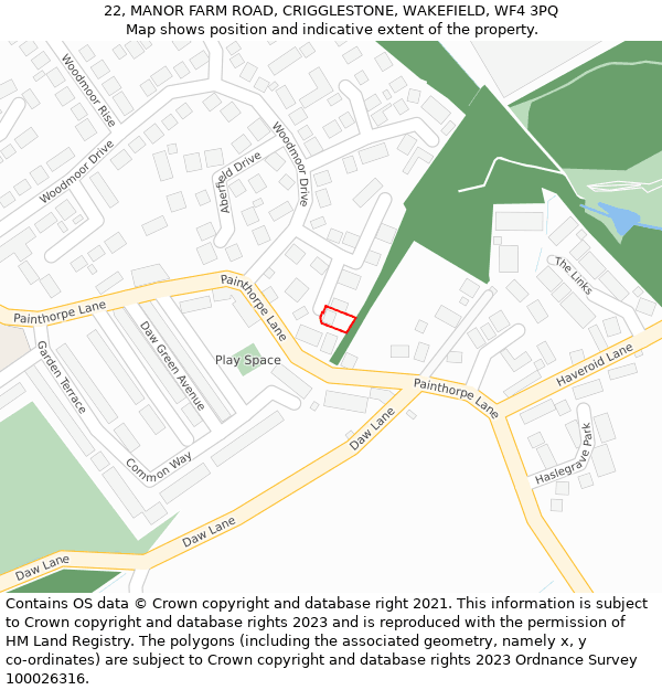 22, MANOR FARM ROAD, CRIGGLESTONE, WAKEFIELD, WF4 3PQ: Location map and indicative extent of plot