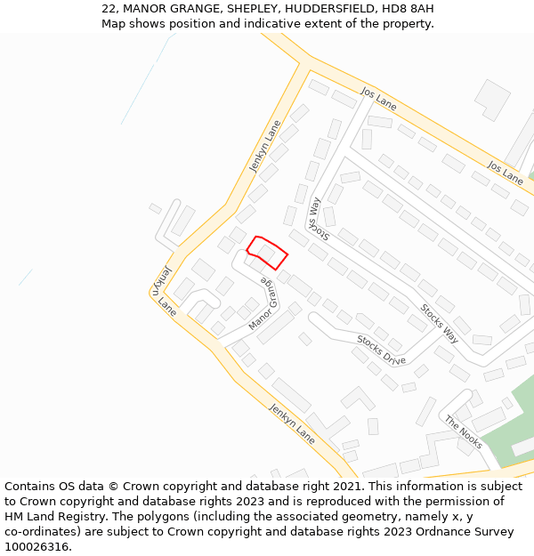 22, MANOR GRANGE, SHEPLEY, HUDDERSFIELD, HD8 8AH: Location map and indicative extent of plot