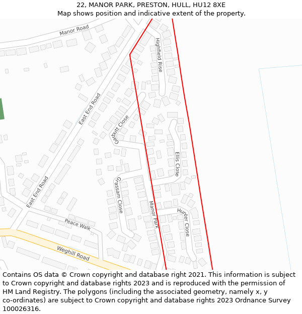 22, MANOR PARK, PRESTON, HULL, HU12 8XE: Location map and indicative extent of plot
