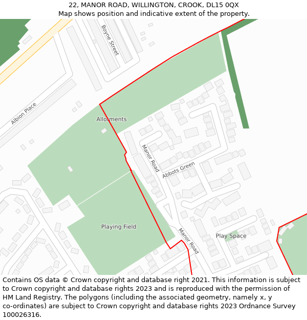 22, MANOR ROAD, WILLINGTON, CROOK, DL15 0QX: Location map and indicative extent of plot
