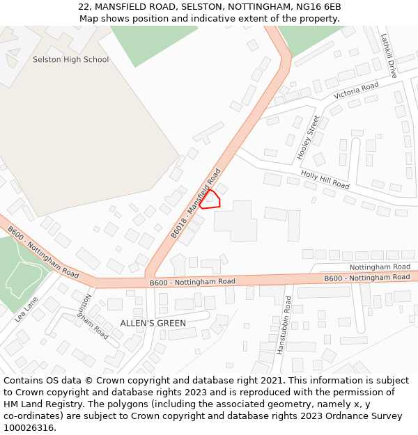 22, MANSFIELD ROAD, SELSTON, NOTTINGHAM, NG16 6EB: Location map and indicative extent of plot