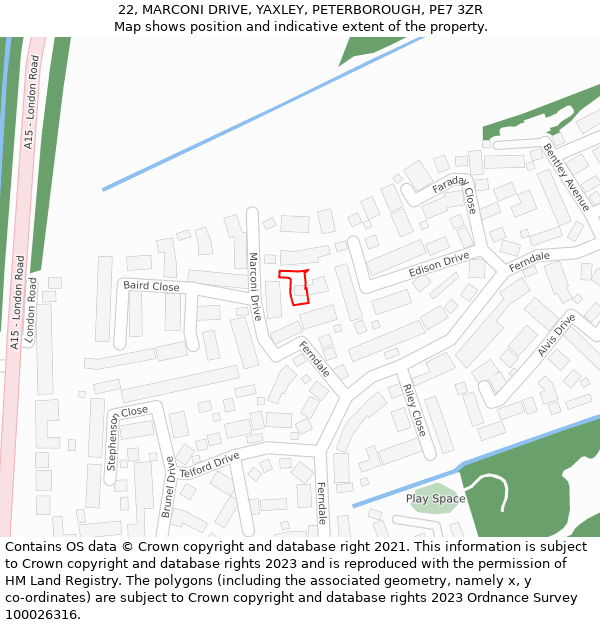 22, MARCONI DRIVE, YAXLEY, PETERBOROUGH, PE7 3ZR: Location map and indicative extent of plot