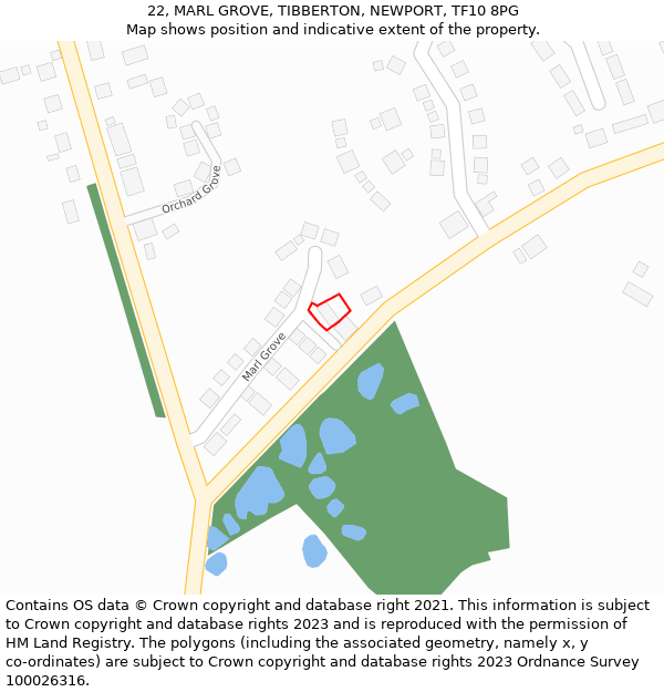 22, MARL GROVE, TIBBERTON, NEWPORT, TF10 8PG: Location map and indicative extent of plot