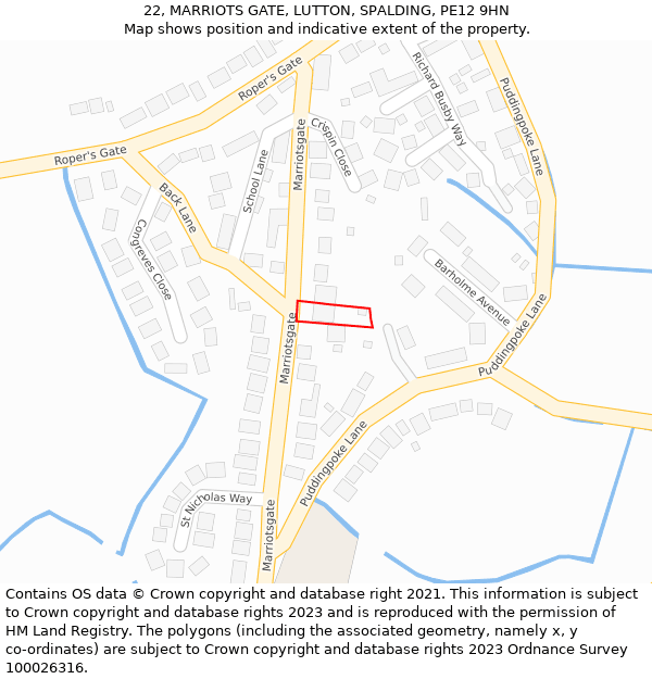 22, MARRIOTS GATE, LUTTON, SPALDING, PE12 9HN: Location map and indicative extent of plot