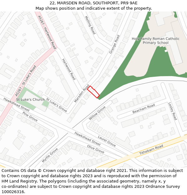 22, MARSDEN ROAD, SOUTHPORT, PR9 9AE: Location map and indicative extent of plot