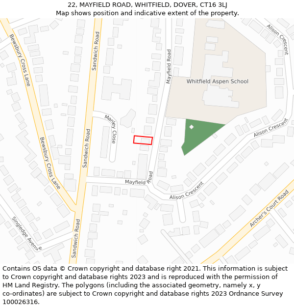 22, MAYFIELD ROAD, WHITFIELD, DOVER, CT16 3LJ: Location map and indicative extent of plot