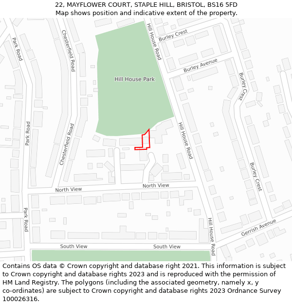 22, MAYFLOWER COURT, STAPLE HILL, BRISTOL, BS16 5FD: Location map and indicative extent of plot