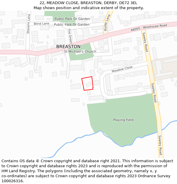 22, MEADOW CLOSE, BREASTON, DERBY, DE72 3EL: Location map and indicative extent of plot