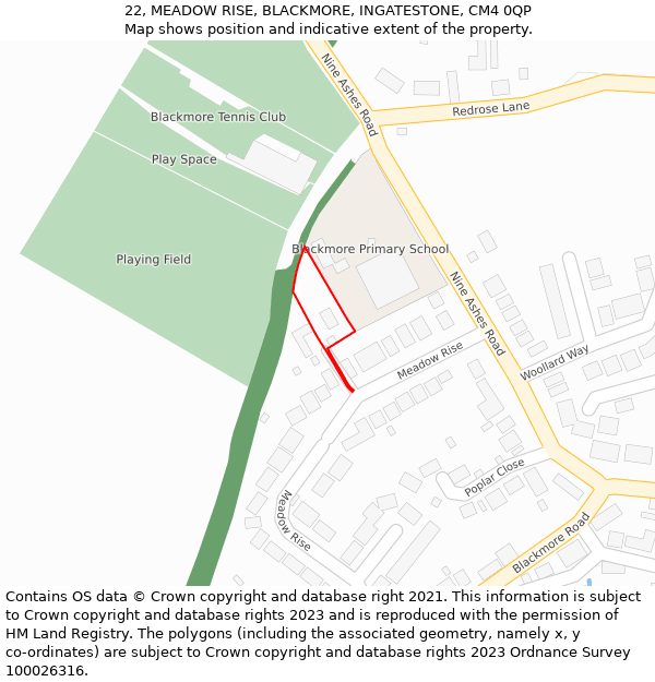 22, MEADOW RISE, BLACKMORE, INGATESTONE, CM4 0QP: Location map and indicative extent of plot