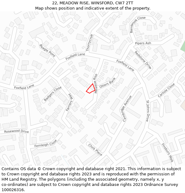 22, MEADOW RISE, WINSFORD, CW7 2TT: Location map and indicative extent of plot