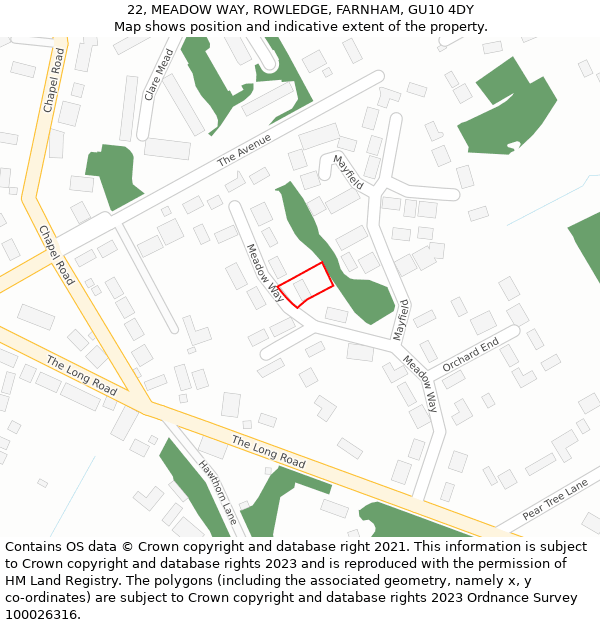 22, MEADOW WAY, ROWLEDGE, FARNHAM, GU10 4DY: Location map and indicative extent of plot