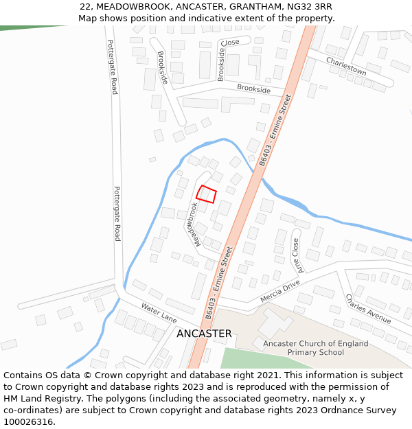 22, MEADOWBROOK, ANCASTER, GRANTHAM, NG32 3RR: Location map and indicative extent of plot