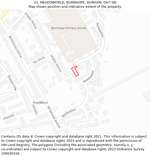 22, MEADOWFIELD, BURNHOPE, DURHAM, DH7 0EJ: Location map and indicative extent of plot