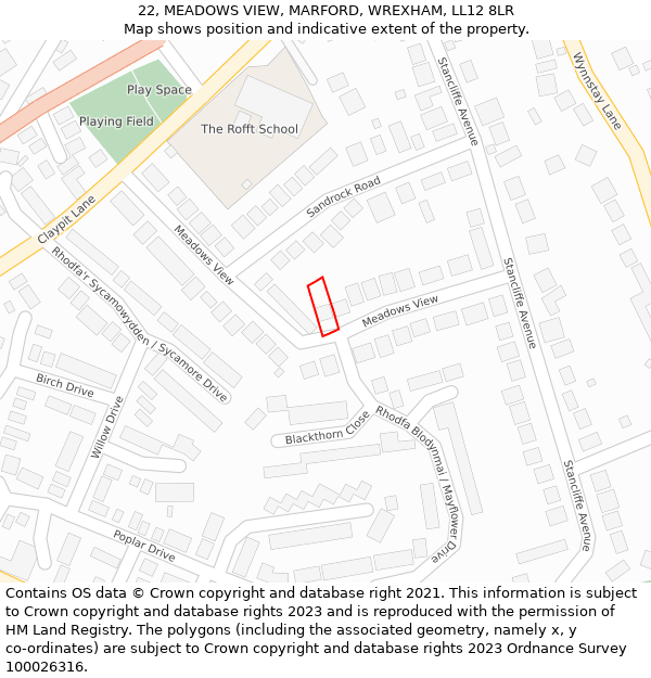 22, MEADOWS VIEW, MARFORD, WREXHAM, LL12 8LR: Location map and indicative extent of plot