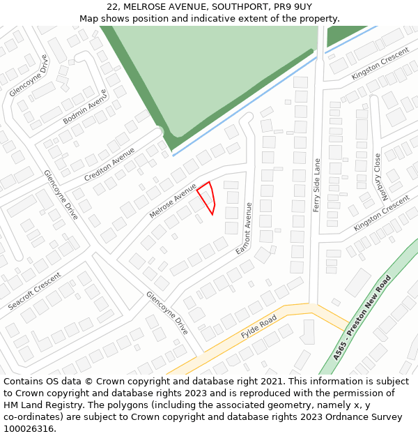 22, MELROSE AVENUE, SOUTHPORT, PR9 9UY: Location map and indicative extent of plot