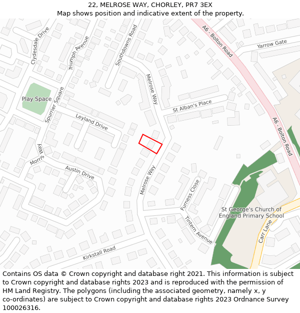 22, MELROSE WAY, CHORLEY, PR7 3EX: Location map and indicative extent of plot