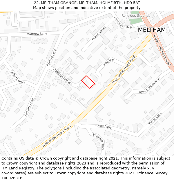 22, MELTHAM GRANGE, MELTHAM, HOLMFIRTH, HD9 5AT: Location map and indicative extent of plot