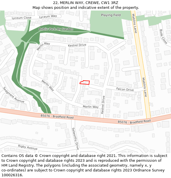 22, MERLIN WAY, CREWE, CW1 3RZ: Location map and indicative extent of plot