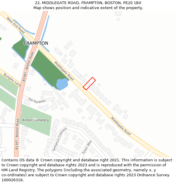 22, MIDDLEGATE ROAD, FRAMPTON, BOSTON, PE20 1BX: Location map and indicative extent of plot