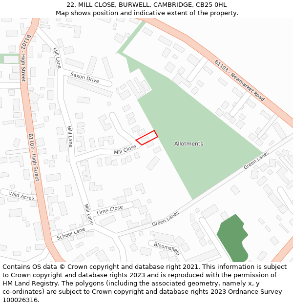 22, MILL CLOSE, BURWELL, CAMBRIDGE, CB25 0HL: Location map and indicative extent of plot