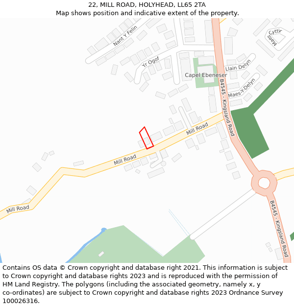 22, MILL ROAD, HOLYHEAD, LL65 2TA: Location map and indicative extent of plot