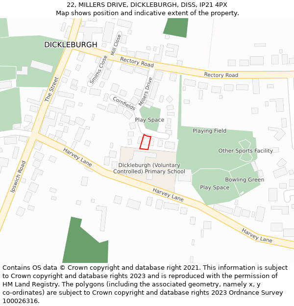 22, MILLERS DRIVE, DICKLEBURGH, DISS, IP21 4PX: Location map and indicative extent of plot