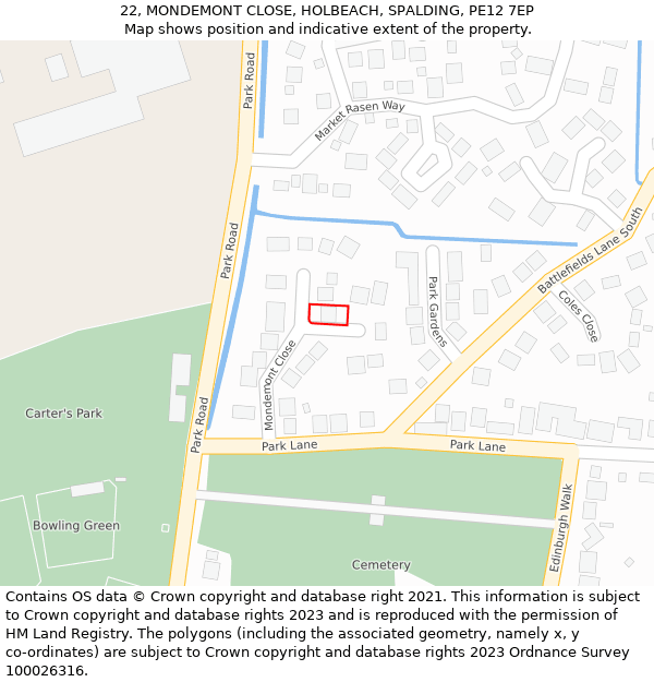 22, MONDEMONT CLOSE, HOLBEACH, SPALDING, PE12 7EP: Location map and indicative extent of plot