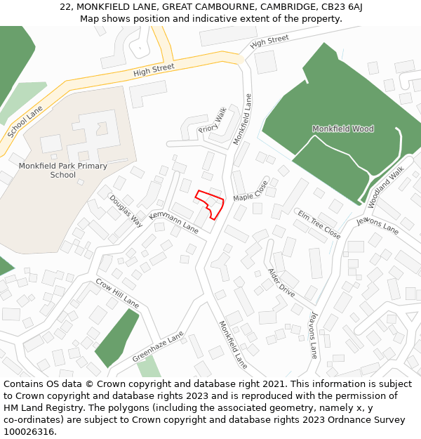 22, MONKFIELD LANE, GREAT CAMBOURNE, CAMBRIDGE, CB23 6AJ: Location map and indicative extent of plot