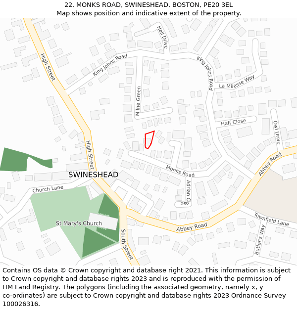 22, MONKS ROAD, SWINESHEAD, BOSTON, PE20 3EL: Location map and indicative extent of plot